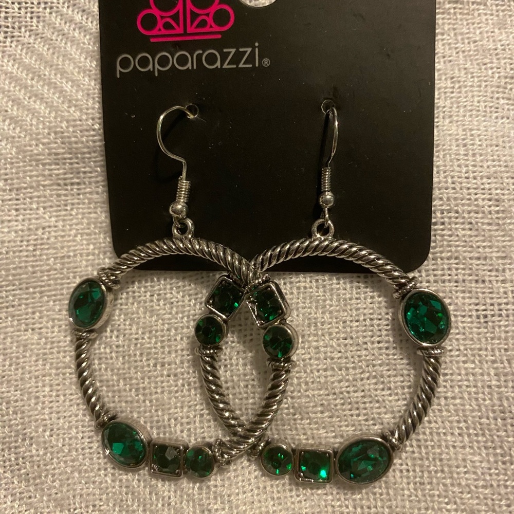Paparazzi Twisted Silver Earrings with Green Gems